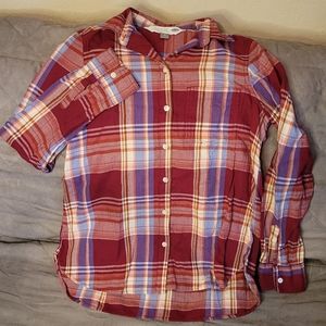 Old Navy women's flannel, maroon, cream, purple. Size S.